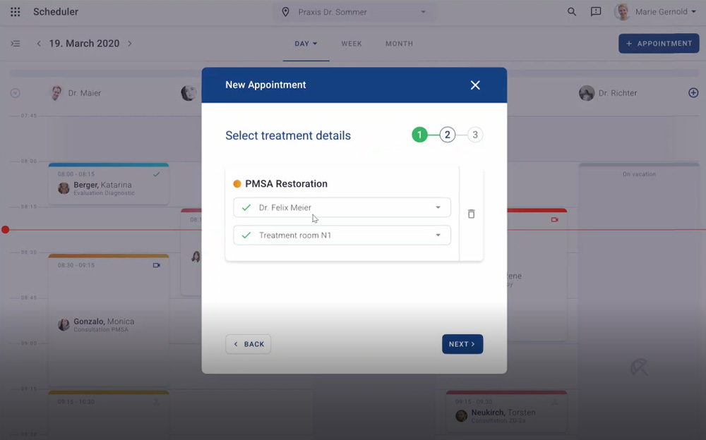 Terminplaner Auswahl Behandlungsdetails